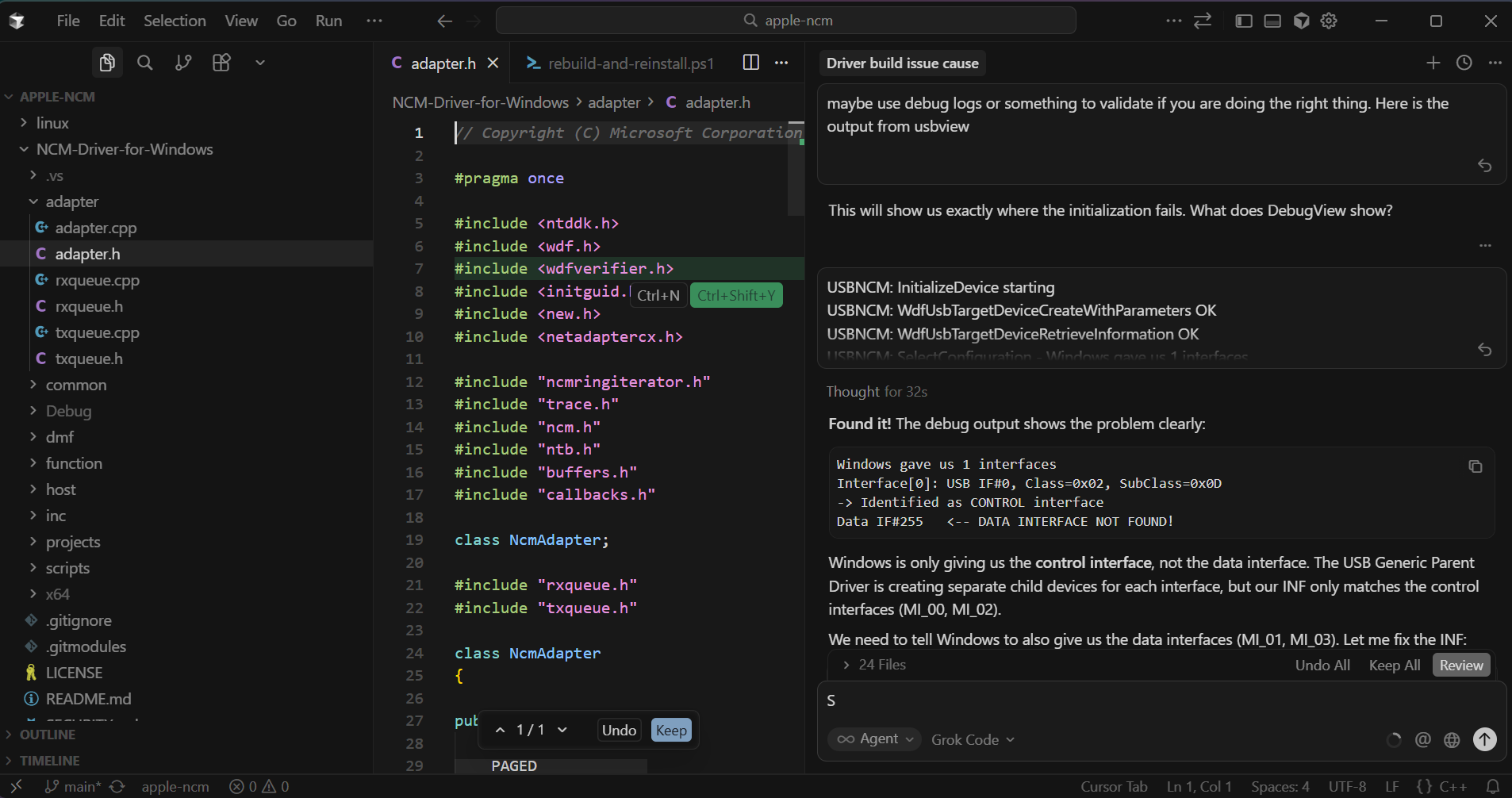 Grok analyzing DebugView output to identify the driver issue