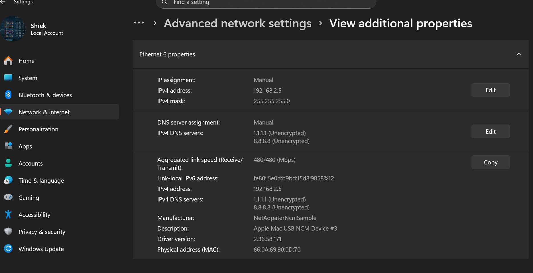 Windows Ethernet details showing Apple USB NCM Adapter